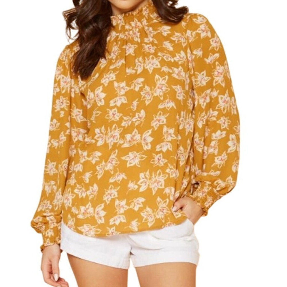 Pleione Top Womens Large Yellow White Floral Cottagecore Feminine Career Blouse